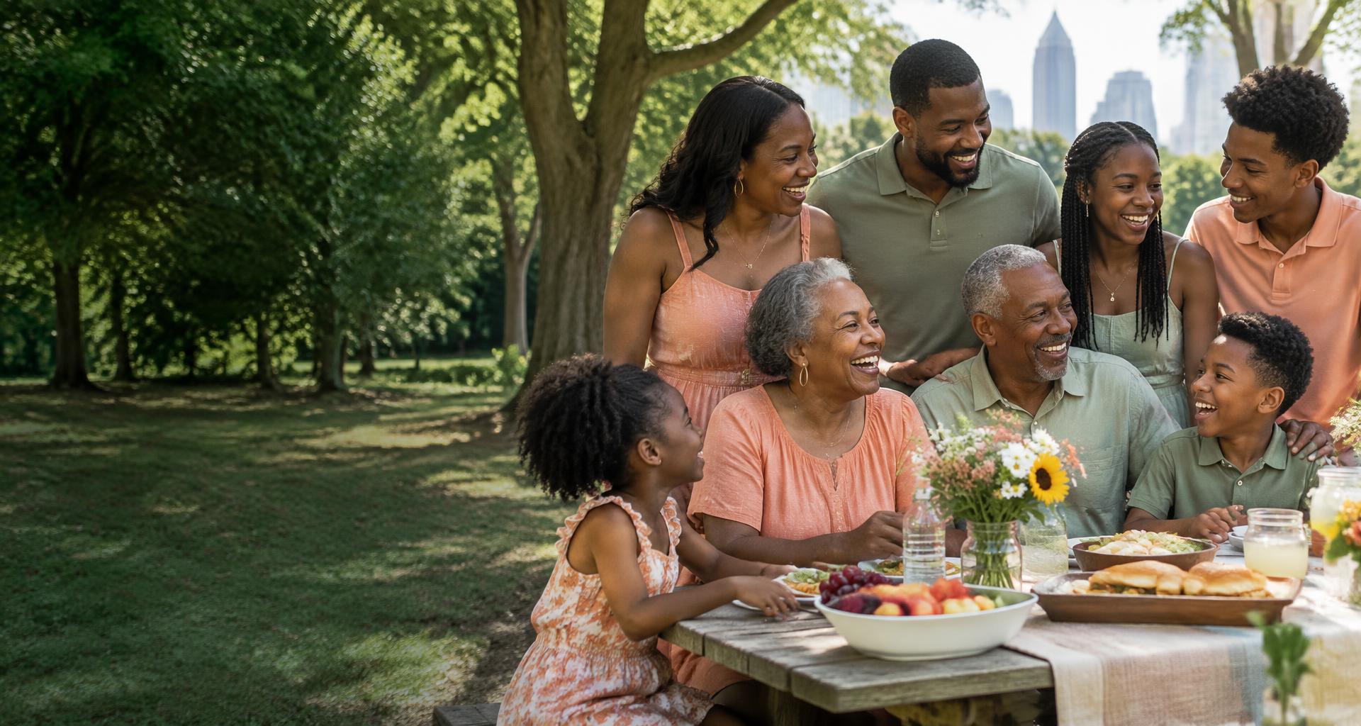 Generations sharing laughter around the family picnic table